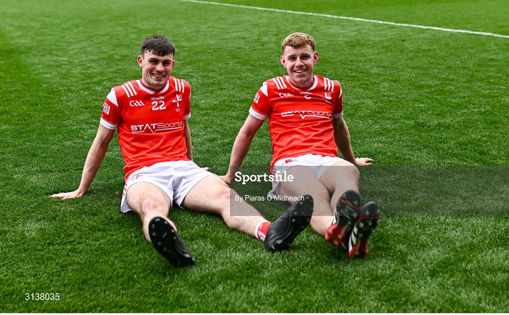 11 May 2025; Louth players Dan Corcoran, left, and Peter Lynch after their side's victory in the Leinster GAA Football Senior Championship final match between Louth and Meath at Croke Park in Dublin. Photo by Piaras Ó Mídheach/Sportsfile