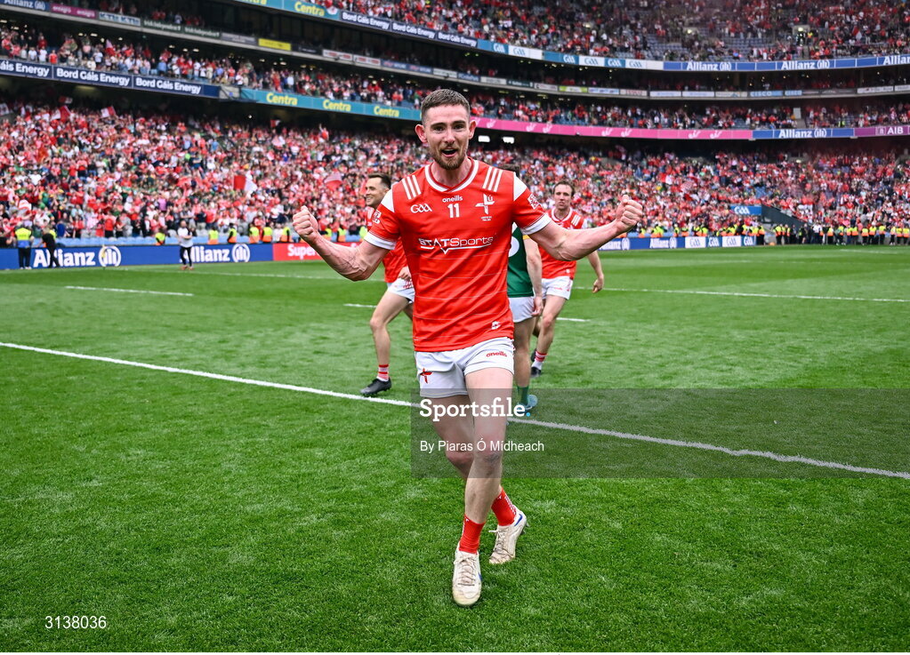 11 May 2025; Ciarán Downey of Louth celebrates after his side's victory in the Leinster GAA Football Senior Championship final match between Louth and Meath at Croke Park in Dublin. Photo by Piaras Ó Mídheach/Sportsfile