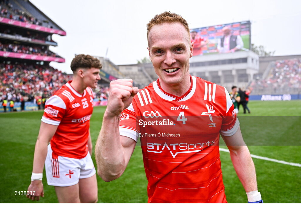 11 May 2025; Donal McKenny of Louth celebrates after his side's victory in the Leinster GAA Football Senior Championship final match between Louth and Meath at Croke Park in Dublin. Photo by Piaras Ó Mídheach/Sportsfile