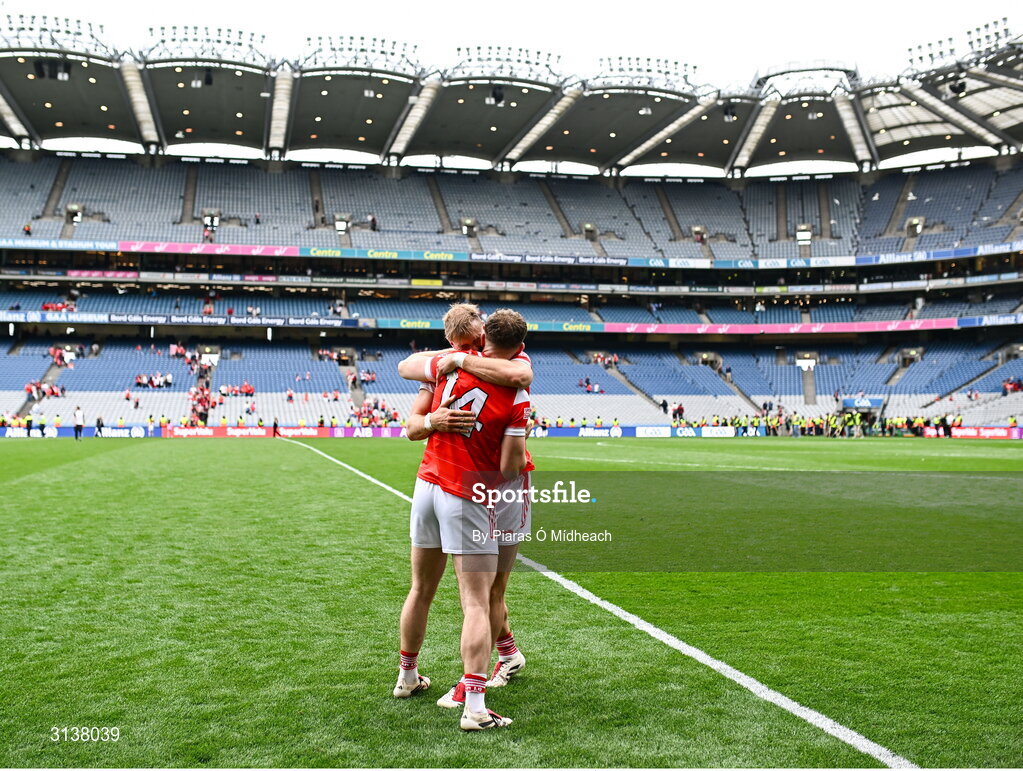11 May 2025; Louth players Sam Mulroy, 14, and Conor Grimes celebrate after their side's victory in the Leinster GAA Football Senior Championship final match between Louth and Meath at Croke Park in Dublin. Photo by Piaras Ó Mídheach/Sportsfile
