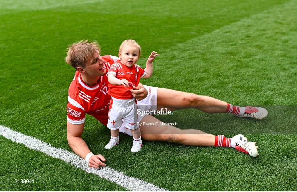 11 May 2025; Izzy Grimes, aged one, with her father Louth footballer Conor Grimes after the Leinster GAA Football Senior Championship final match between Louth and Meath at Croke Park in Dublin. Photo by Piaras Ó Mídheach/Sportsfile