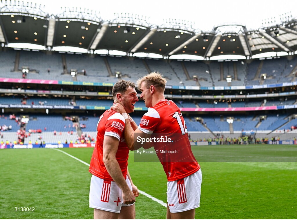 11 May 2025; Louth players Sam Mulroy, left, and Conor Grimes celebrate after their side's victory in the Leinster GAA Football Senior Championship final match between Louth and Meath at Croke Park in Dublin. Photo by Piaras Ó Mídheach/Sportsfile