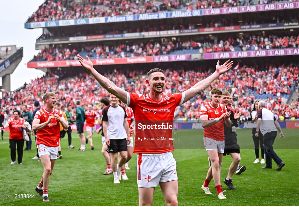 11 May 2025; Ciarán Downey of Louth celebrates after his side's victory in the Leinster GAA Football Senior Championship final match between Louth and Meath at Croke Park in Dublin. Photo by Piaras Ó Mídheach/Sportsfile