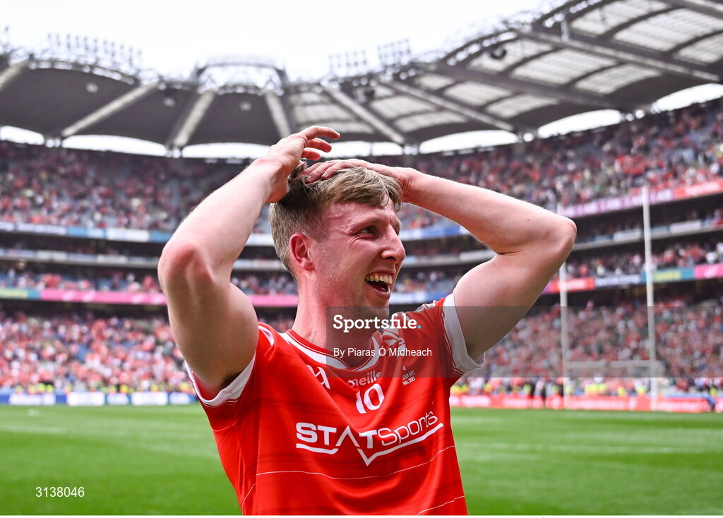 11 May 2025; Paul Matthews of Louth celebrates after his side's victory in the Leinster GAA Football Senior Championship final match between Louth and Meath at Croke Park in Dublin. Photo by Piaras Ó Mídheach/Sportsfile