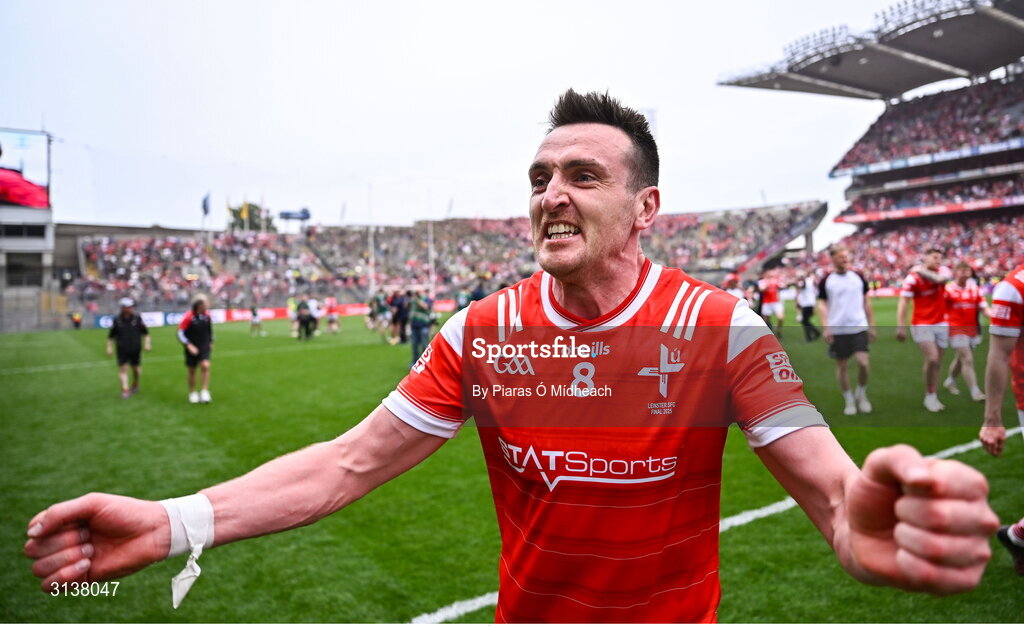 11 May 2025; Tommy Durnin of Louth celebrates after his side's victory in the Leinster GAA Football Senior Championship final match between Louth and Meath at Croke Park in Dublin. Photo by Piaras Ó Mídheach/Sportsfile