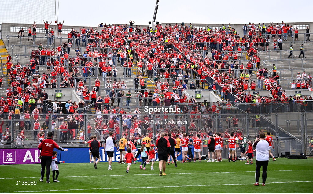 11 May 2025; Louth players celebrate in front of supporters on Hill 16 after their side's victory in the Leinster GAA Football Senior Championship final match between Louth and Meath at Croke Park in Dublin. Photo by Piaras Ó Mídheach/Sportsfile