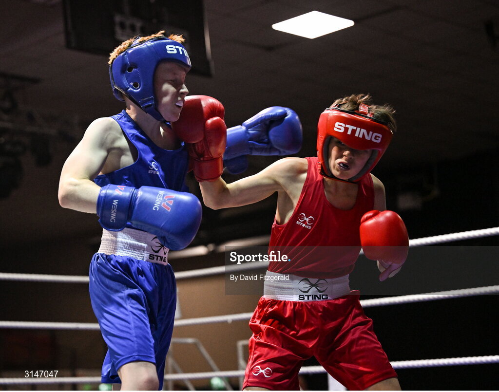 30 May 2025; Liam Weatherall of St Josephs BC, left, in action against Dinny O’Neill of St Francis BC during their 36kg bout at the 2025 National Senior Cadet Championship Finals at the National Boxing Stadium in Dublin. Photo by David Fitzgerald/Sportsfile