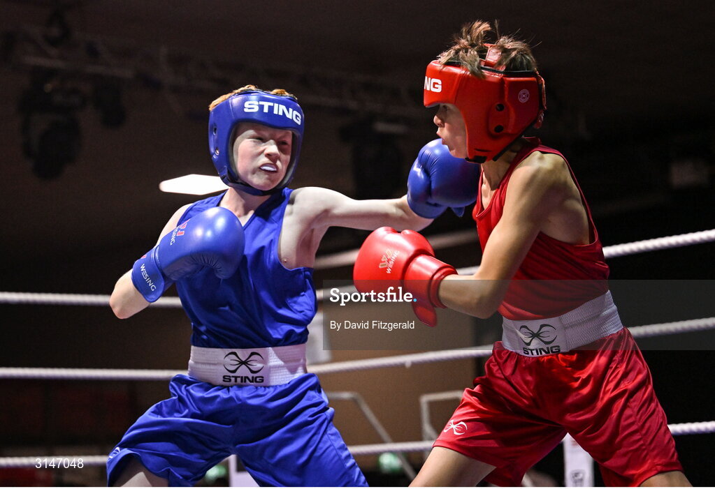30 May 2025; Liam Weatherall of St Josephs BC, left, in action against Dinny O’Neill of St Francis BC during their 36kg bout at the 2025 National Senior Cadet Championship Finals at the National Boxing Stadium in Dublin. Photo by David Fitzgerald/Sportsfile