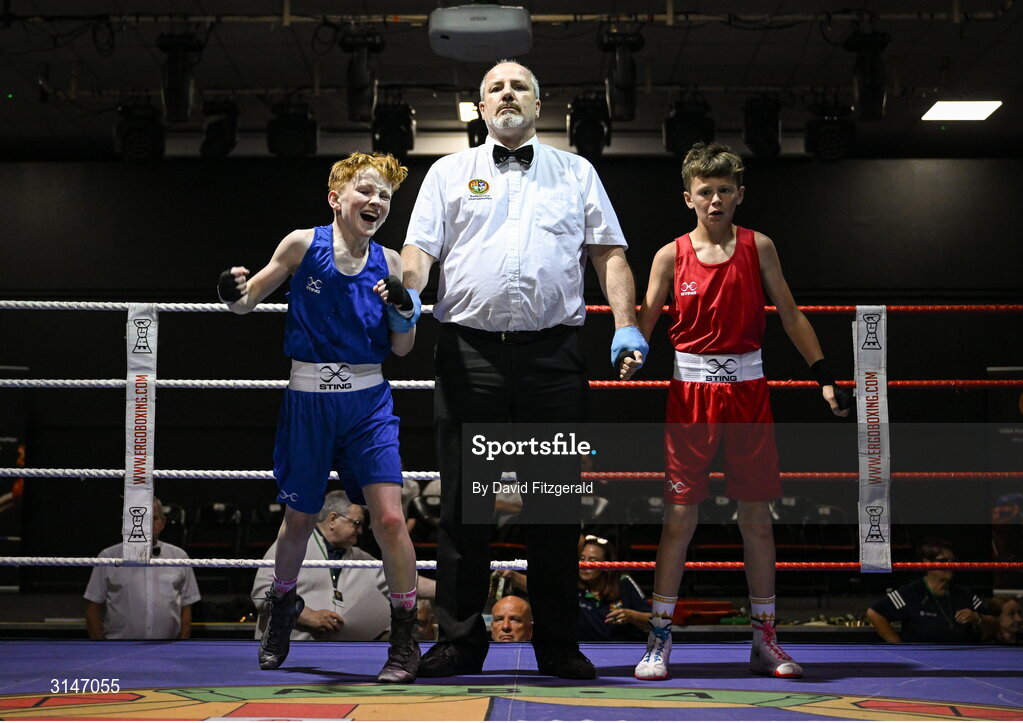 30 May 2025; Liam Weatherall of St Josephs BC celebrates after winning his bout against Dinny O’Neill of St Francis BC during the 2025 National Senior Cadet Championship Finals at the National Boxing Stadium in Dublin. Photo by David Fitzgerald/Sportsfile