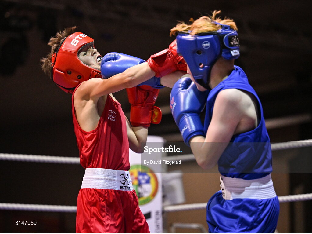 30 May 2025; Dinny O’Neill of St Francis BC, left, in action against Liam Weatherall of St Josephs BC during their bout at the 2025 National Senior Cadet Championship Finals at the National Boxing Stadium in Dublin. Photo by David Fitzgerald/Sportsfile
