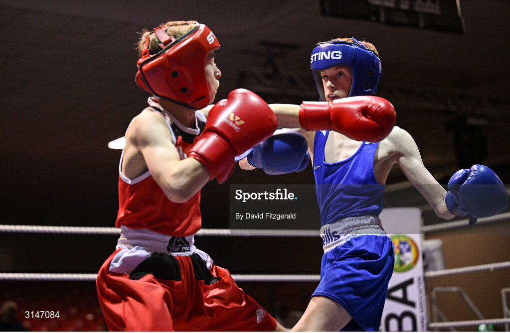 30 May 2025; Ryan Seery of Glasnevin BC, left, in action against Darragh Cunningham Of Dealgan BC during their bout at the 2025 National Senior Cadet Championship Finals at the National Boxing Stadium in Dublin. Photo by David Fitzgerald/Sportsfile