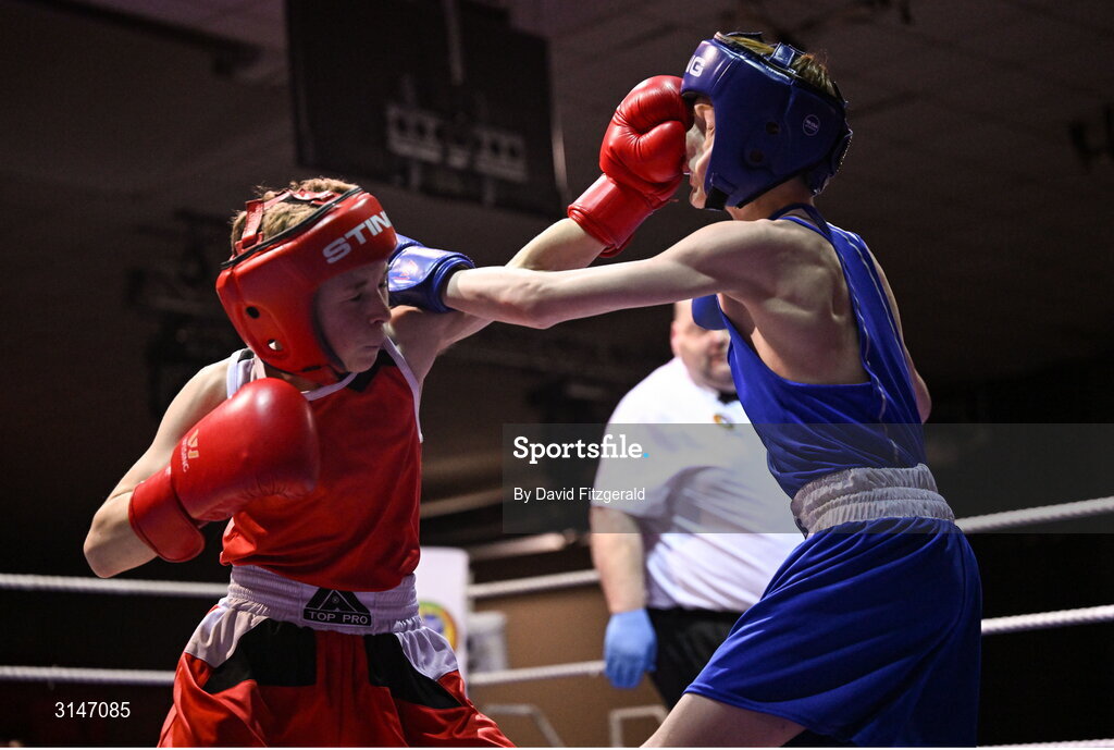 30 May 2025; Ryan Seery of Glasnevin BC, left, in action against Darragh Cunningham Of Dealgan BC during their bout at the 2025 National Senior Cadet Championship Finals at the National Boxing Stadium in Dublin. Photo by David Fitzgerald/Sportsfile