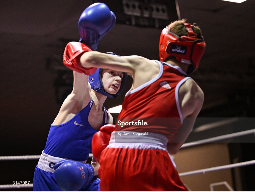 30 May 2025; Darragh Cunningham Of Dealgan BC, left, in action against Ryan Seery of Glasnevin BC during their bout at the 2025 National Senior Cadet Championship Finals at the National Boxing Stadium in Dublin. Photo by David Fitzgerald/Sportsfile