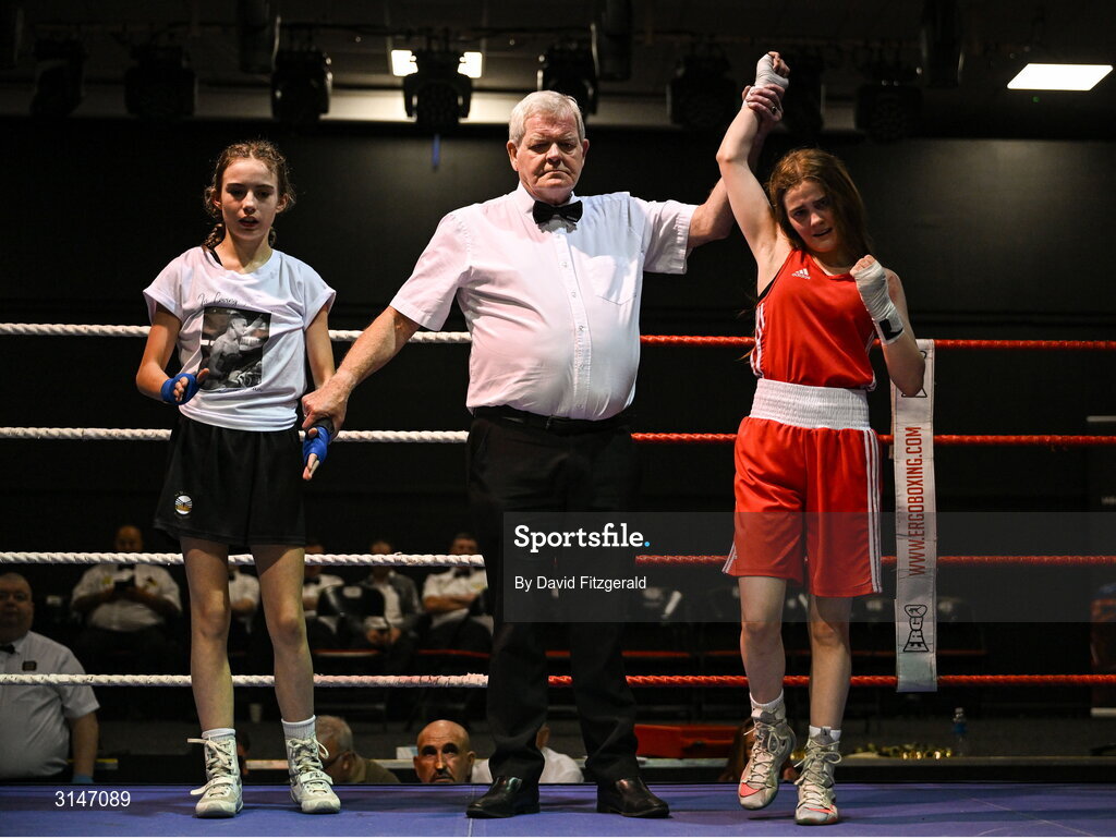 30 May 2025; Danielle Smithers of Swords BC celebrates after winning her bout against Kayla Harris of St Monica's BC during the 2025 National Senior Cadet Championship Finals at the National Boxing Stadium in Dublin. Photo by David Fitzgerald/Sportsfile