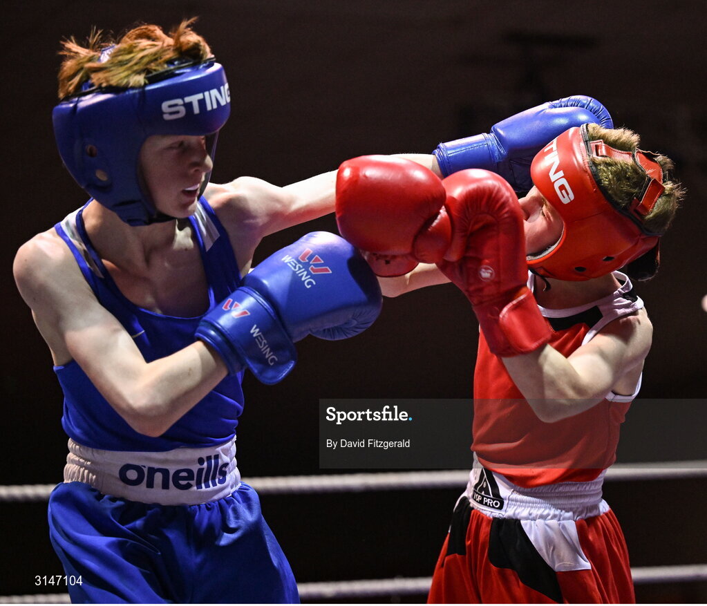 30 May 2025; Darragh Cunningham Of Dealgan BC in action against Ryan Seery of Glasnevin BC during their bout at the 2025 National Senior Cadet Championship Finals at the National Boxing Stadium in Dublin. Photo by David Fitzgerald/Sportsfile