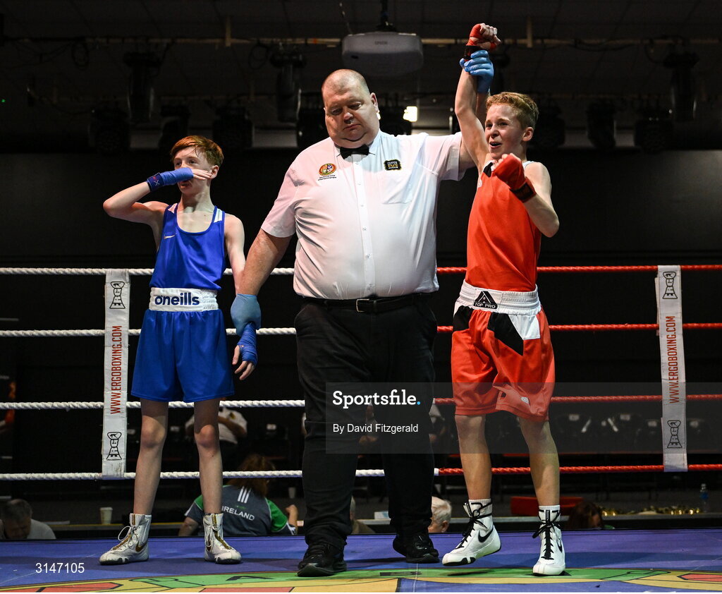 30 May 2025; Ryan Seery of Glasnevin BC celebrates after winning his bout against Darragh Cunningham of Dealgan BC during the 2025 National Senior Cadet Championship Finals at the National Boxing Stadium in Dublin. Photo by David Fitzgerald/Sportsfile