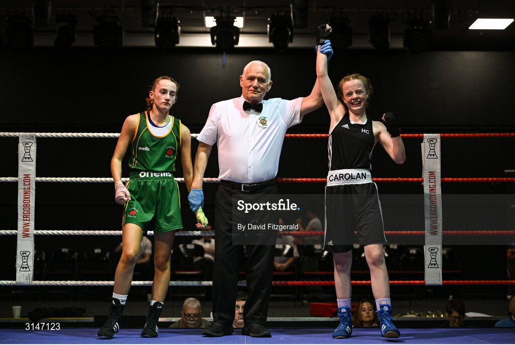 30 May 2025; Heidi Carolan of East Meath BC, celebrates after winning her bout against Kaiden McKenna of Castleblayney BC during the 2025 National Senior Cadet Championship Finals at the National Boxing Stadium in Dublin. Photo by David Fitzgerald/Sportsfile