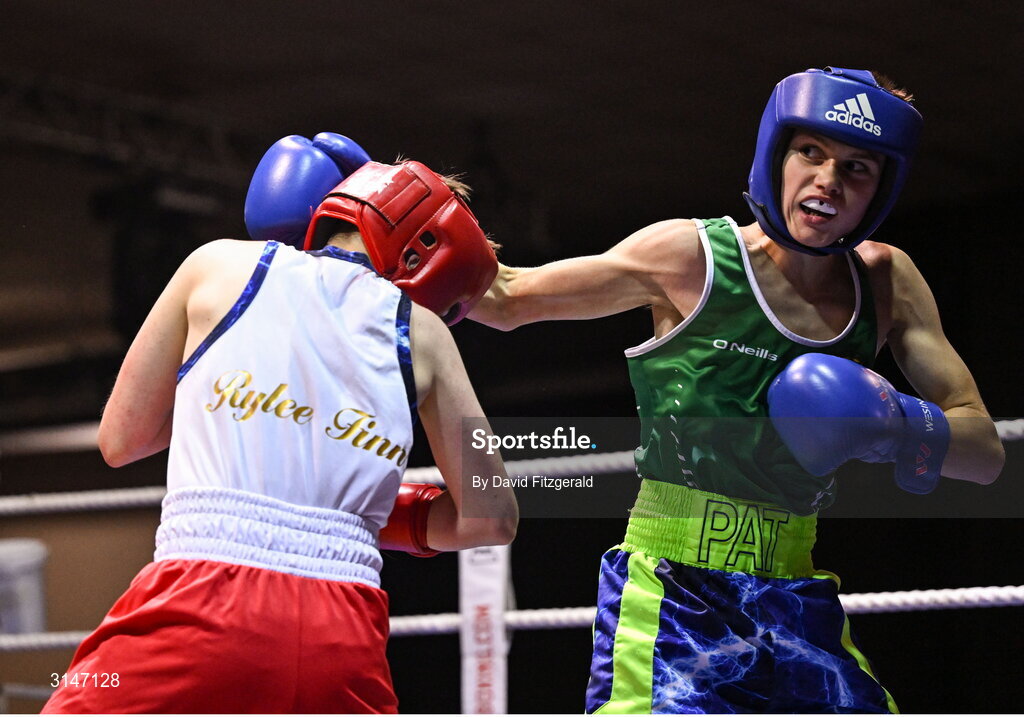 30 May 2025; Pat Stokes of Olympic BC, right, in action against Rylee Finn of St Nicholas BC during their bout at the 2025 National Senior Cadet Championship Finals at the National Boxing Stadium in Dublin. Photo by David Fitzgerald/Sportsfile
