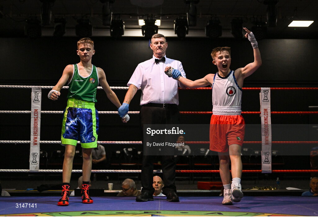 30 May 2025; Rylee Finn of St Nicholas BC celebrates after winning his bout against Pat Stokes of Olympic BC during the 2025 National Senior Cadet Championship Finals at the National Boxing Stadium in Dublin. Photo by David Fitzgerald/Sportsfile
