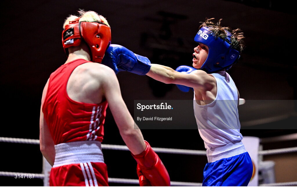 30 May 2025; Zack Kenny of Elite M BC, right, in action against Joshua Cairns of Oakleaf BC during their bout at the 2025 National Senior Cadet Championship Finals at the National Boxing Stadium in Dublin. Photo by David Fitzgerald/Sportsfile
