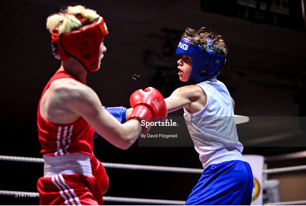 30 May 2025; Zack Kenny of Elite M BC, right, in action against Joshua Cairns of Oakleaf BC during their bout at the 2025 National Senior Cadet Championship Finals at the National Boxing Stadium in Dublin. Photo by David Fitzgerald/Sportsfile
