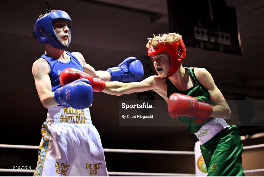30 May 2025; Martin Nevin of Mullingar Shufflers BC, left, in action against Taylor Park of Raphoe BC during their bout at the 2025 National Senior Cadet Championship Finals at the National Boxing Stadium in Dublin. Photo by David Fitzgerald/Sportsfile