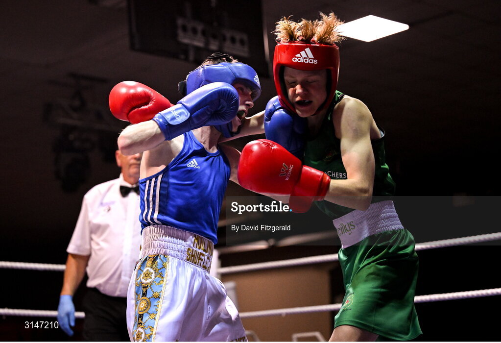 30 May 2025; Martin Nevin of Mullingar Shufflers BC, left, in action against Taylor Park of Raphoe BC during their bout at the 2025 National Senior Cadet Championship Finals at the National Boxing Stadium in Dublin. Photo by David Fitzgerald/Sportsfile