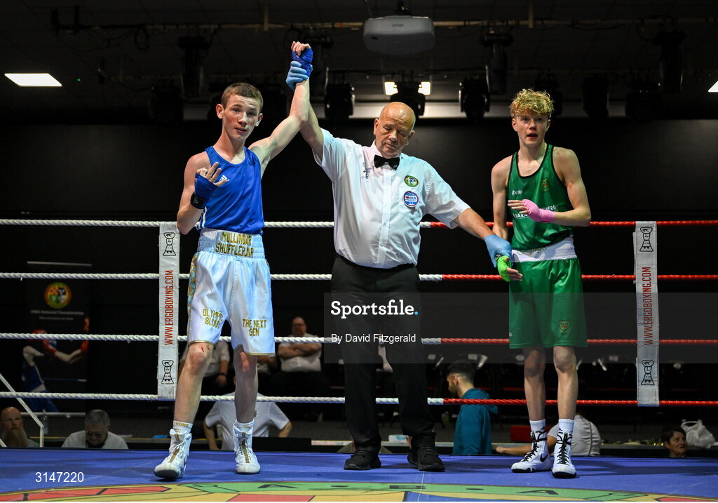 30 May 2025; Martin Nevin of Mullingar Shufflers BC, left, celebrates after winning their bout against Taylor Park of Raphoe BC during their bout at the 2025 National Senior Cadet Championship Finals at the National Boxing Stadium in Dublin. Photo by David Fitzgerald/Sportsfile