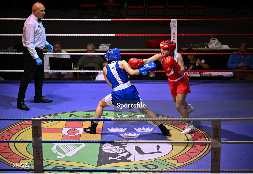 30 May 2025; Abby Murray of Muskerry BC, right, in action against Evelyn Spicer of Enniskerry BC during their bout at the 2025 National Senior Cadet Championship Finals at the National Boxing Stadium in Dublin. Photo by David Fitzgerald/Sportsfile