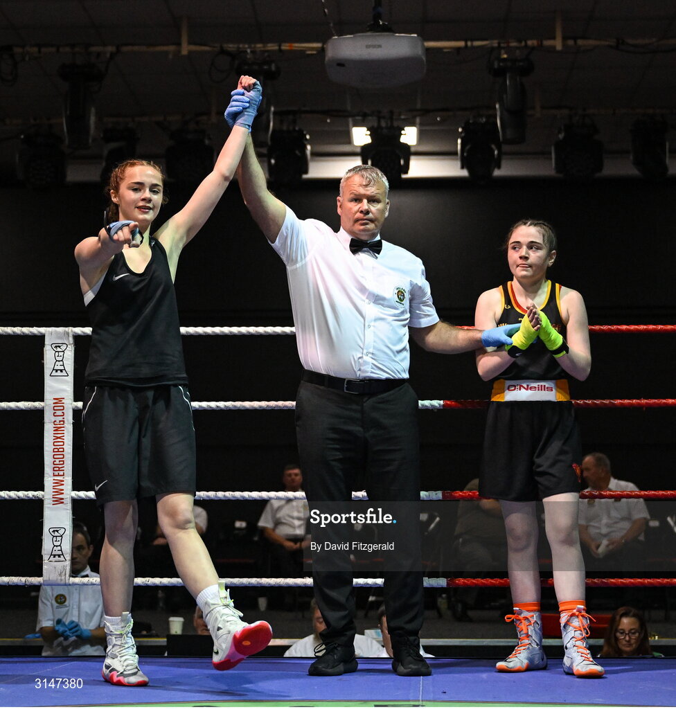30 May 2025; Alanna Murphy of Ballybrack BC, celebrates after winning her bout against Lucy Prentice of Phoenix BC during the 2025 National Senior Cadet Championship Finals at the National Boxing Stadium in Dublin. Photo by David Fitzgerald/Sportsfile