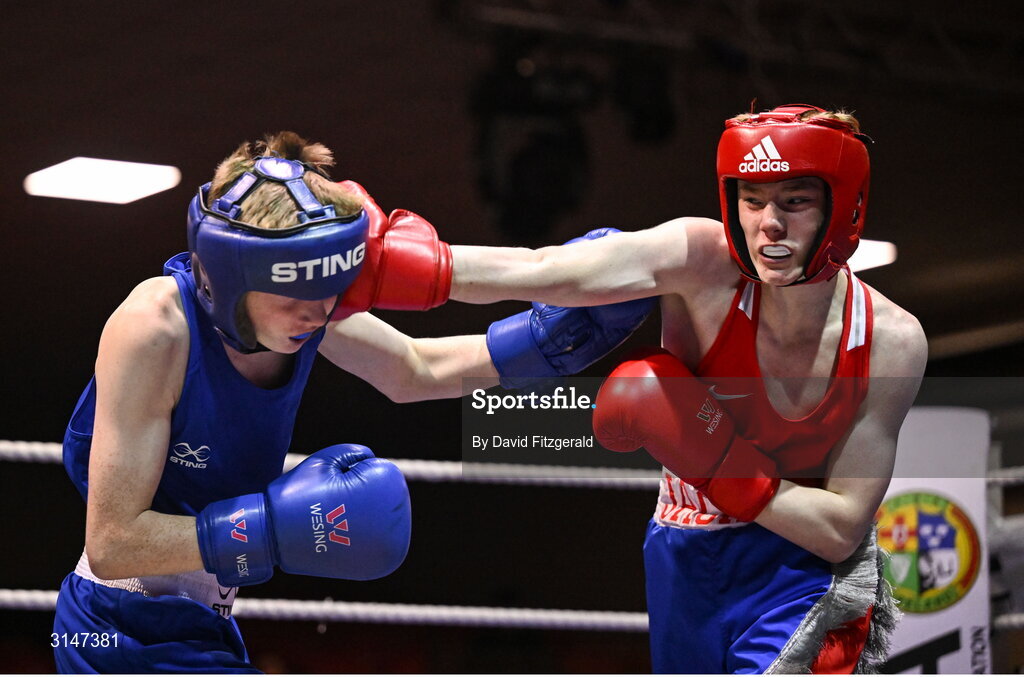 30 May 2025; Jack Jones of Sacred Heart D, right, in action against Sean Kelly of St Abbans/Kilmyshall BC during their bout at the 2025 National Senior Cadet Championship Finals at the National Boxing Stadium in Dublin. Photo by David Fitzgerald/Sportsfile