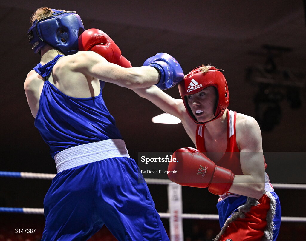 30 May 2025; Jack Jones of Sacred Heart D, right, in action against Sean Kelly of St Abbans/Kilmyshall BC during their bout at the 2025 National Senior Cadet Championship Finals at the National Boxing Stadium in Dublin. Photo by David Fitzgerald/Sportsfile