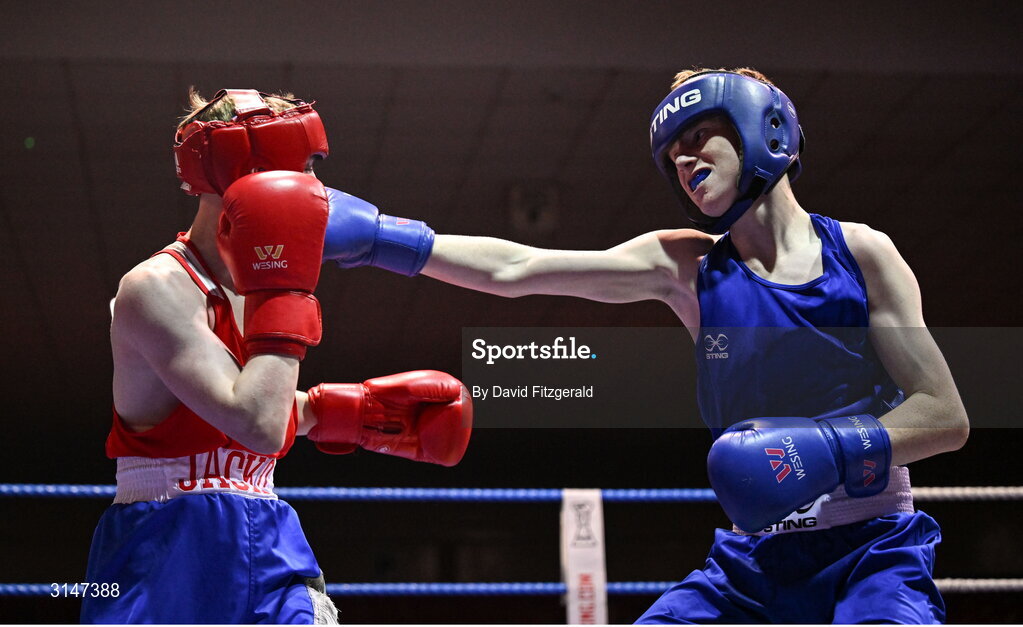 30 May 2025; Sean Kelly of St Abbans/Kilmyshall BC, right, in action against Jack Jones of Sacred Heart D during their bout at the 2025 National Senior Cadet Championship Finals at the National Boxing Stadium in Dublin. Photo by David Fitzgerald/Sportsfile