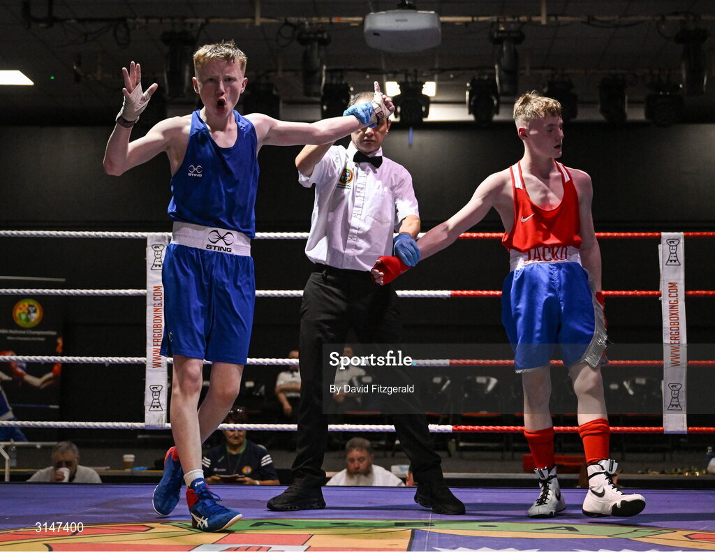 30 May 2025; Sean Kelly of St Abbans/Kilmyshall BC, left, celebrates after winning his bout against Jack Jones of Sacred Heart D during the 2025 National Senior Cadet Championship Finals at the National Boxing Stadium in Dublin. Photo by David Fitzgerald/Sportsfile