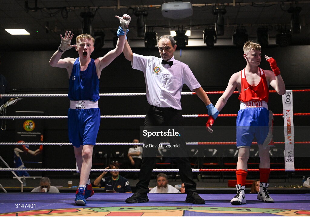 30 May 2025; Sean Kelly of St Abbans/Kilmyshall BC, left, celebrates after winning his bout against Jack Jones of Sacred Heart D during the 2025 National Senior Cadet Championship Finals at the National Boxing Stadium in Dublin. Photo by David Fitzgerald/Sportsfile