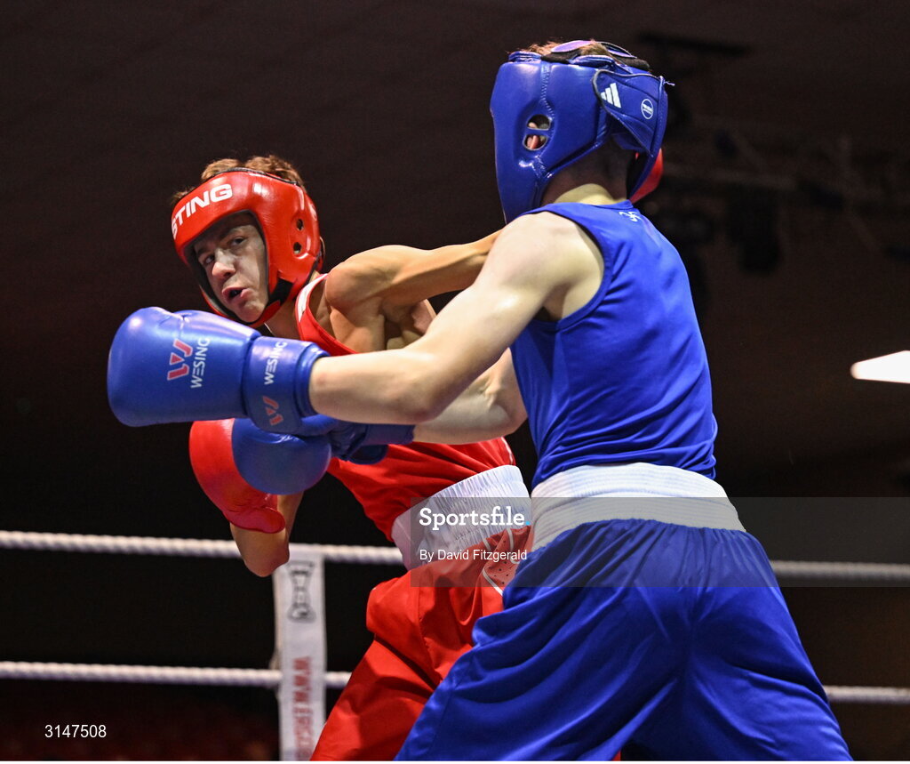 30 May 2025; Lee Largey Snodden of Immaculata BC, left, in action against Jack Cahill of Portlaoise BC during their bout at the 2025 National Senior Cadet Championship Finals at the National Boxing Stadium in Dublin. Photo by David Fitzgerald/Sportsfile