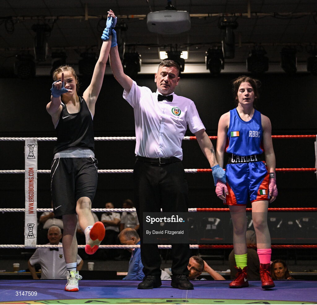 30 May 2025; Aliegha Murphy of Ballybrack BC, left, celebrates after winning her bout against Carly O’Herrin of Rochfortbridge BC during the 2025 National Senior Cadet Championship Finals at the National Boxing Stadium in Dublin. Photo by David Fitzgerald/Sportsfile
