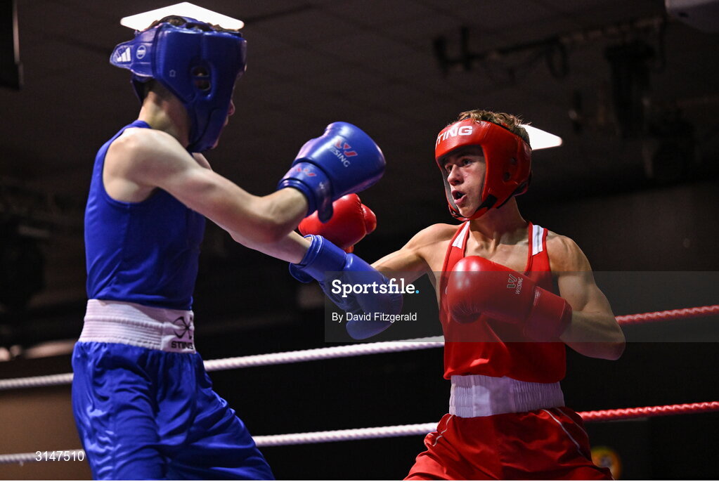30 May 2025; Lee Largey Snodden of Immaculata BC, right, in action against Jack Cahill of Portlaoise BC during their bout at the 2025 National Senior Cadet Championship Finals at the National Boxing Stadium in Dublin. Photo by David Fitzgerald/Sportsfile