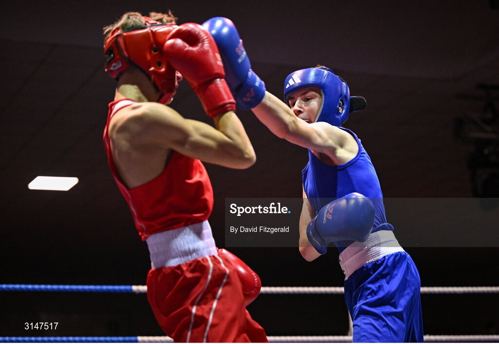 30 May 2025; Jack Cahill of Portlaoise BC, right, in action against Lee Largey Snodden of Immaculata BC during their bout at the 2025 National Senior Cadet Championship Finals at the National Boxing Stadium in Dublin. Photo by David Fitzgerald/Sportsfile
