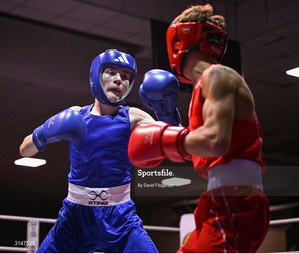 30 May 2025; Jack Cahill of Portlaoise BC, left, in action against Lee Largey Snodden of Immaculata BC during their bout at the 2025 National Senior Cadet Championship Finals at the National Boxing Stadium in Dublin. Photo by David Fitzgerald/Sportsfile