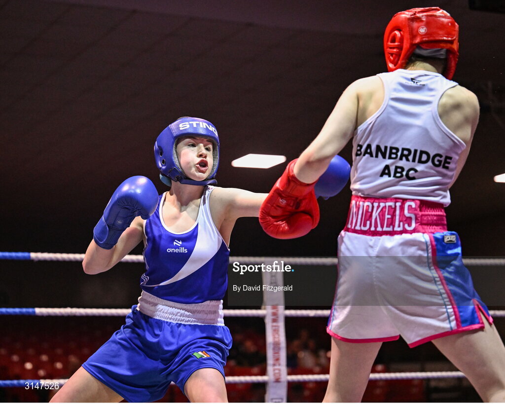 30 May 2025; Ella Archbold of Ballybrack BC, left, in action against Paige Nickels of Banbridge BC during their bout at the 2025 National Senior Cadet Championship Finals at the National Boxing Stadium in Dublin. Photo by David Fitzgerald/Sportsfile