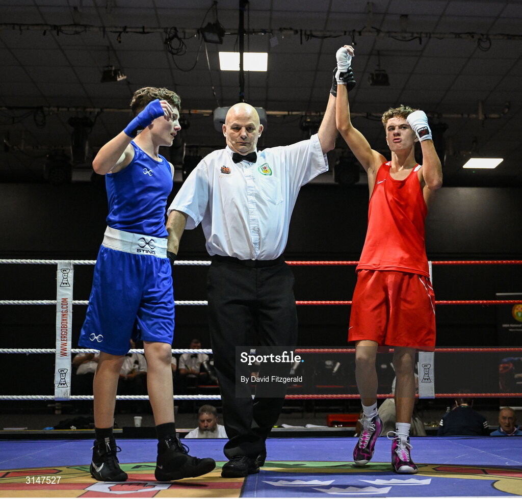30 May 2025; Lee Largey Snodden of Immaculata BC, right, celebrates after winning his bout against Jack Cahill of Portlaoise BC during the 2025 National Senior Cadet Championship Finals at the National Boxing Stadium in Dublin. Photo by David Fitzgerald/Sportsfile