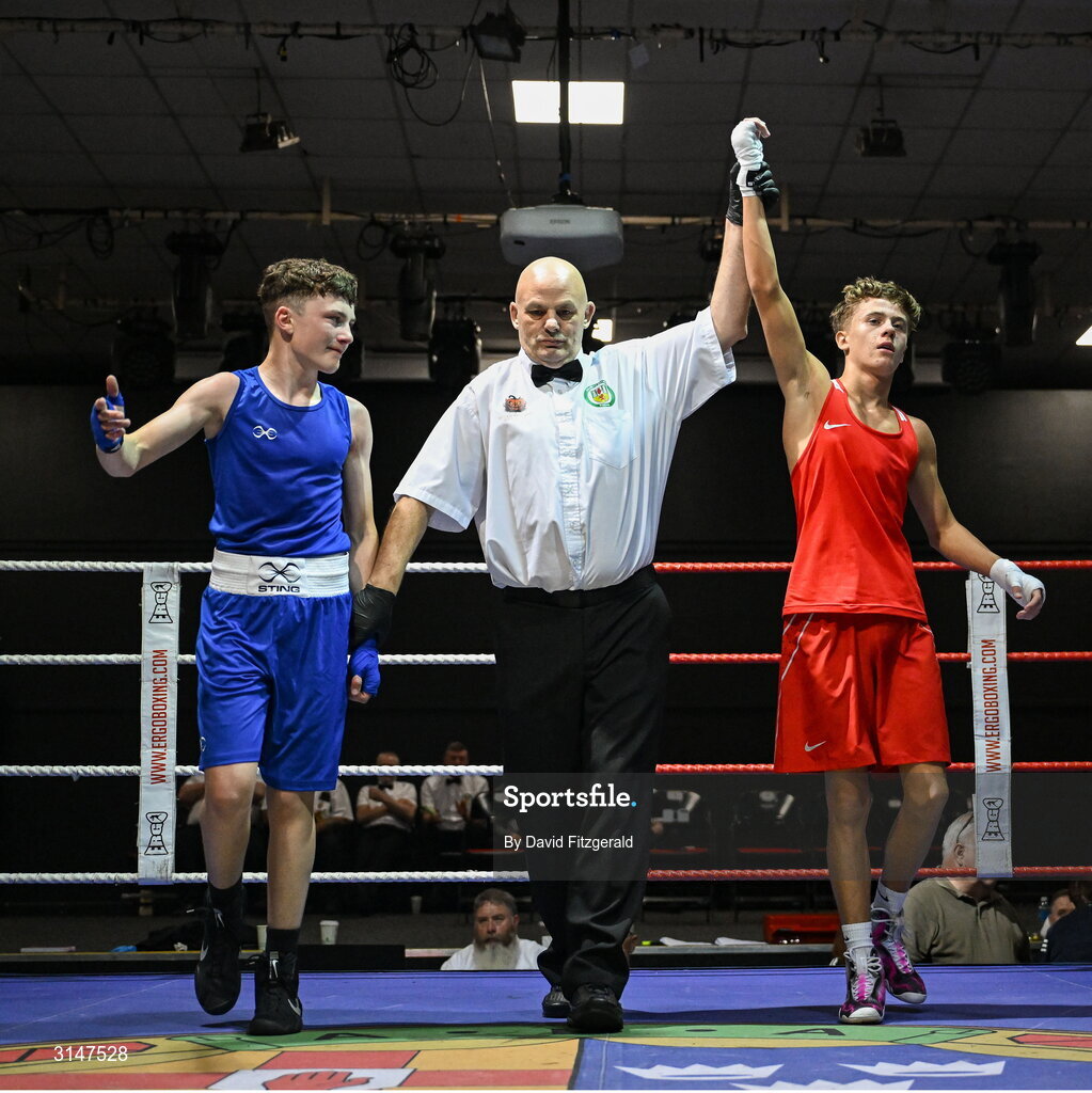 30 May 2025; Lee Largey Snodden of Immaculata BC, right, celebrates after winning his bout against Jack Cahill of Portlaoise BC during the 2025 National Senior Cadet Championship Finals at the National Boxing Stadium in Dublin. Photo by David Fitzgerald/Sportsfile