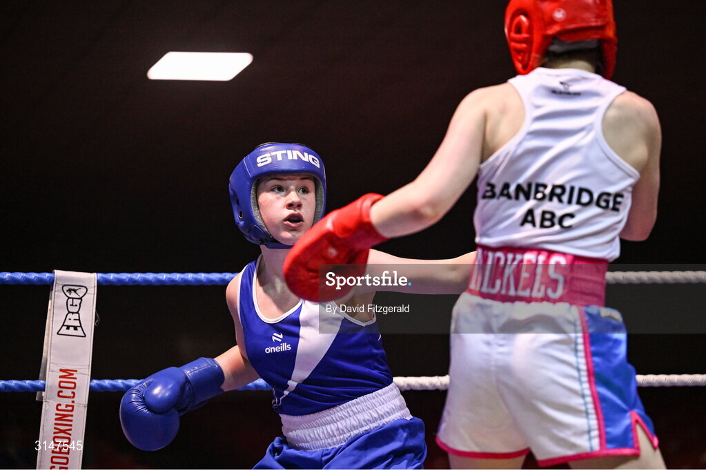 30 May 2025; Ella Archbold of Ballybrack BC , left, in action against Paige Nickels of Banbridge BC during their bout at the 2025 National Senior Cadet Championship Finals at the National Boxing Stadium in Dublin. Photo by David Fitzgerald/Sportsfile