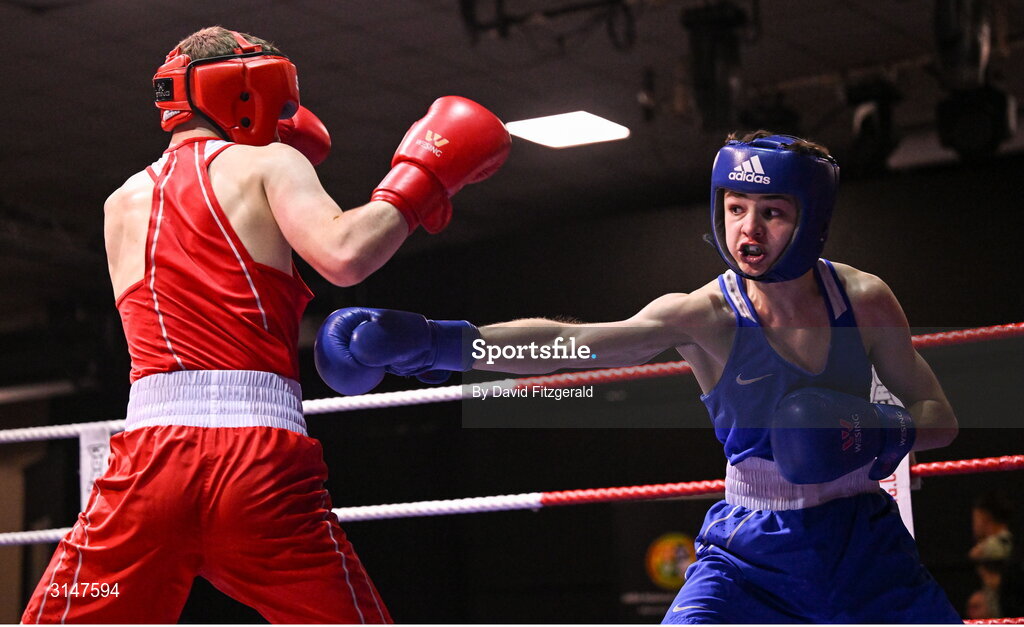 30 May 2025; Michael McDonagh of Avona BC, right, in action against Conan McSorley of Two Castles BC during their bout at the 2025 National Senior Cadet Championship Finals at the National Boxing Stadium in Dublin. Photo by David Fitzgerald/Sportsfile