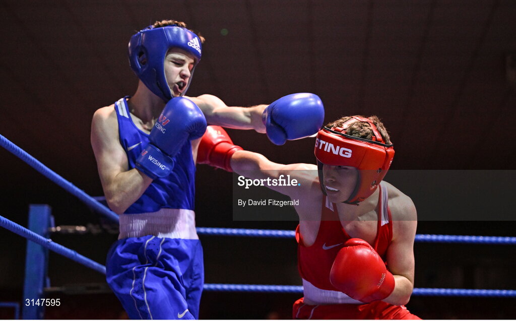 30 May 2025; Conan McSorley of Two Castles BC, right, in action against Michael McDonagh of Avona BC during their bout at the 2025 National Senior Cadet Championship Finals at the National Boxing Stadium in Dublin. Photo by David Fitzgerald/Sportsfile