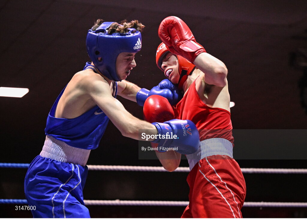 30 May 2025; Michael McDonagh of Avona BC, left, in action against Conan McSorley of Two Castles BC during their bout at the 2025 National Senior Cadet Championship Finals at the National Boxing Stadium in Dublin. Photo by David Fitzgerald/Sportsfile