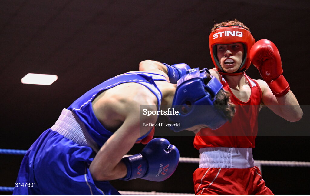 30 May 2025; Conan McSorley of Two Castles BC, right, in action against Michael McDonagh of Avona BC during their bout at the 2025 National Senior Cadet Championship Finals at the National Boxing Stadium in Dublin. Photo by David Fitzgerald/Sportsfile