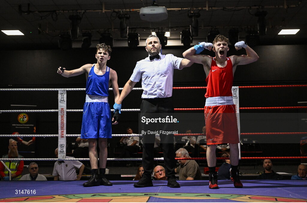 30 May 2025; Conan McSorley of Two Castles BC celebrates after winning his bout against Michael McDonagh of Avona BC during the 2025 National Senior Cadet Championship Finals at the National Boxing Stadium in Dublin. Photo by David Fitzgerald/Sportsfile