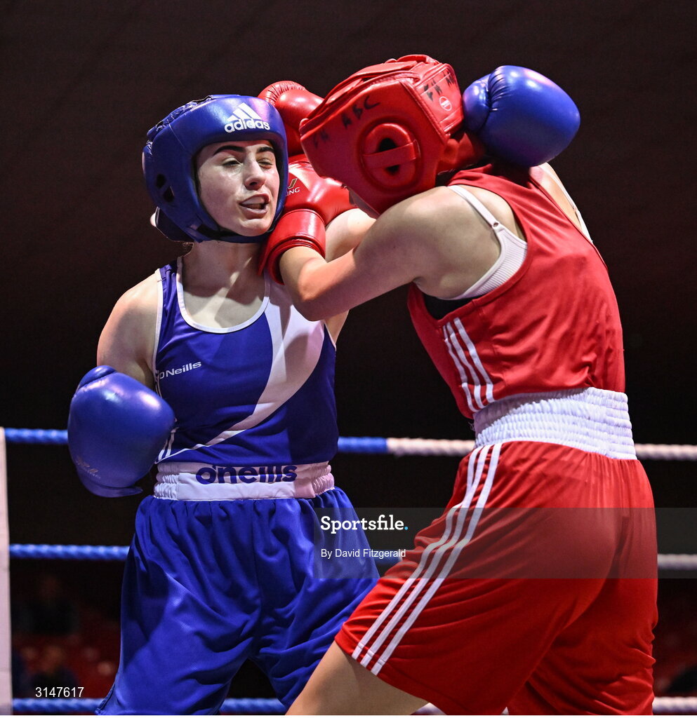 30 May 2025; Vanessa Doyle of Templemore BC, left, in action against Caoimhe Desmond of Fr Horgan's BC during their bout at the 2025 National Senior Cadet Championship Finals at the National Boxing Stadium in Dublin. Photo by David Fitzgerald/Sportsfile